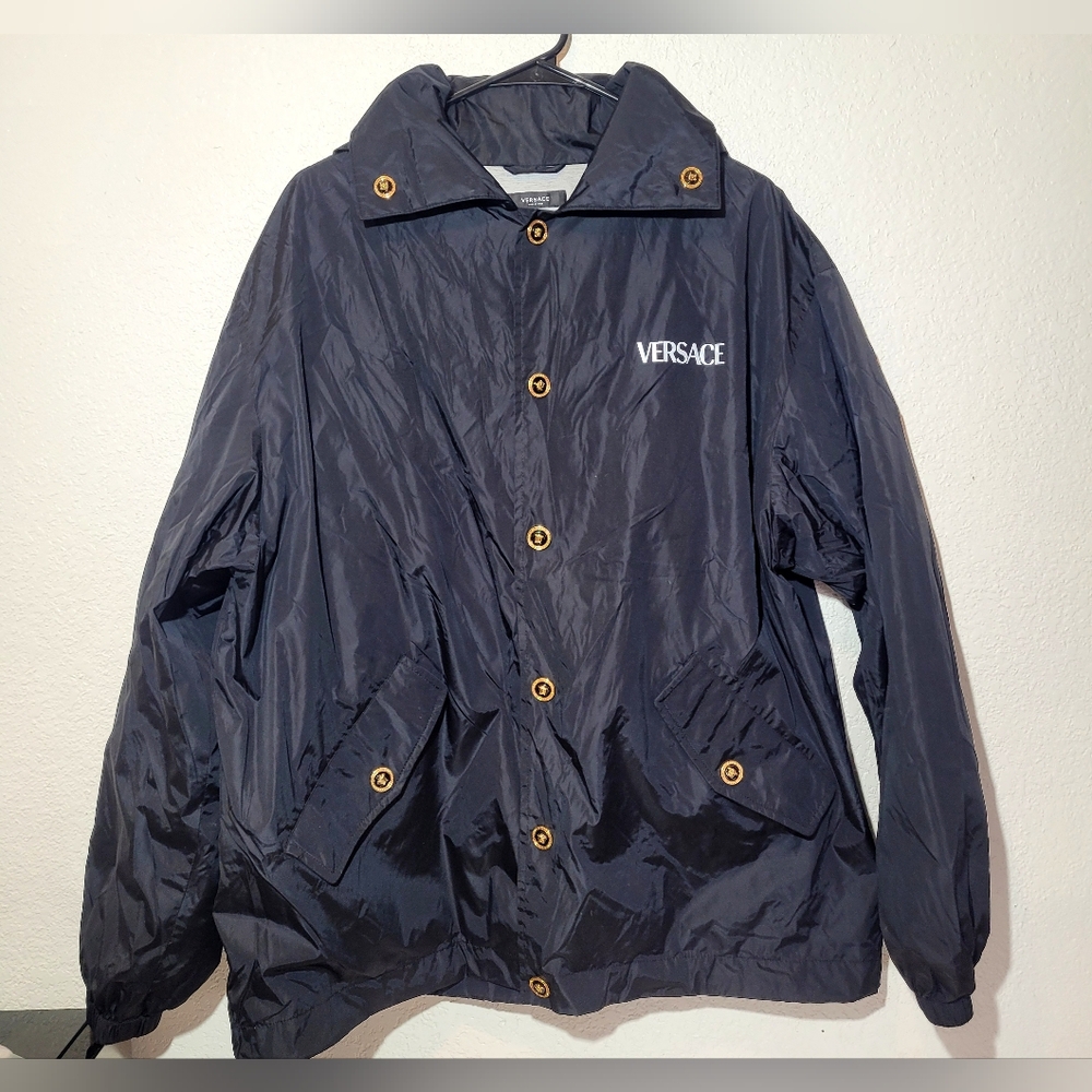 Versace Mens Black Jacket Lightweight Windbreaker W/Gold Medusa Buttons Sz 48